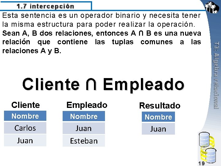 1. 7 intercepción Cliente ∩ Empleado Cliente Empleado Resultado Nombre Carlos Juan Esteban Juan