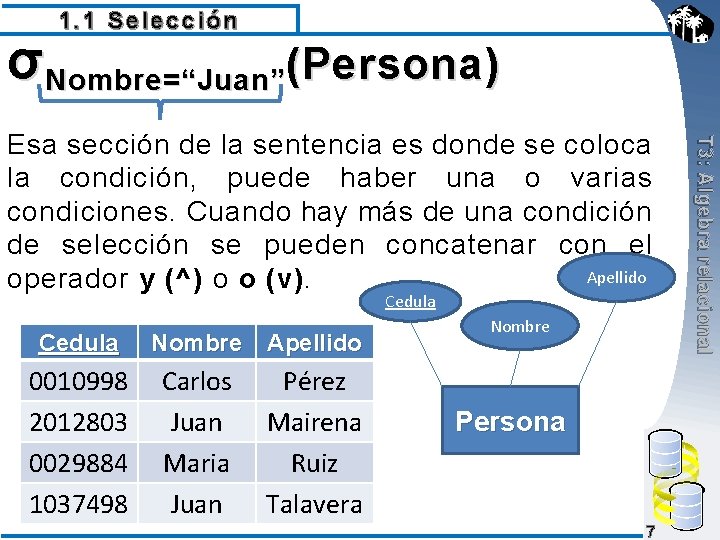 1. 1 Selección σNombre=“Juan”(Persona) Cedula Nombre Apellido 0010998 2012803 0029884 1037498 Carlos Juan Maria