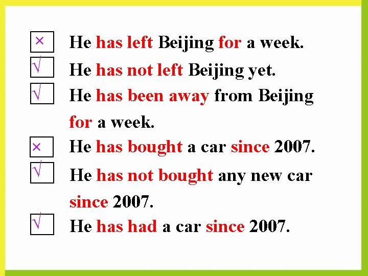 × √ √ He has left Beijing for a week. He has not left