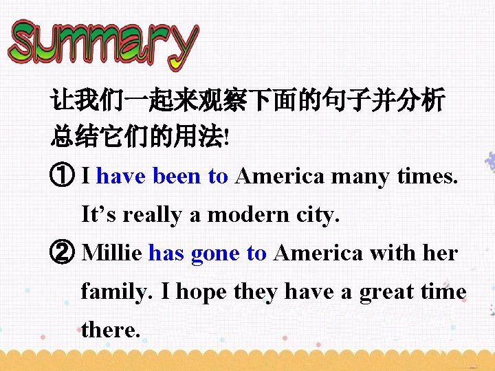 让我们一起来观察下面的句子并分析 总结它们的用法! ① I have been to America many times. It’s really a modern