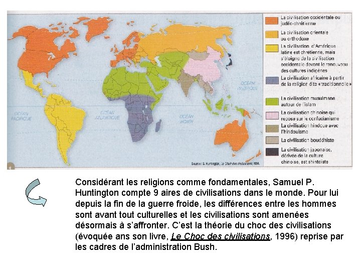 Considérant les religions comme fondamentales, Samuel P. Huntington compte 9 aires de civilisations dans