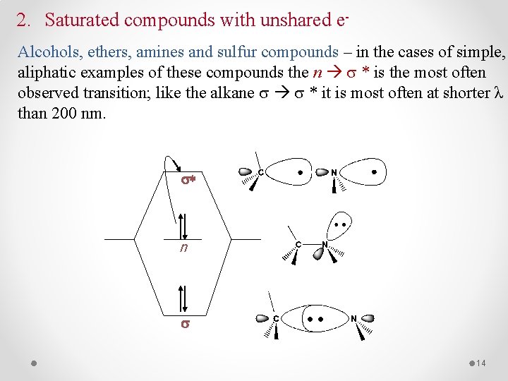 2. Saturated compounds with unshared e- Alcohols, ethers, amines and sulfur compounds – in
