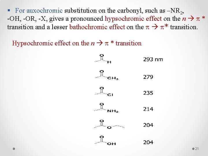 § For auxochromic substitution on the carbonyl, such as –NR 2, -OH, -OR, -X,