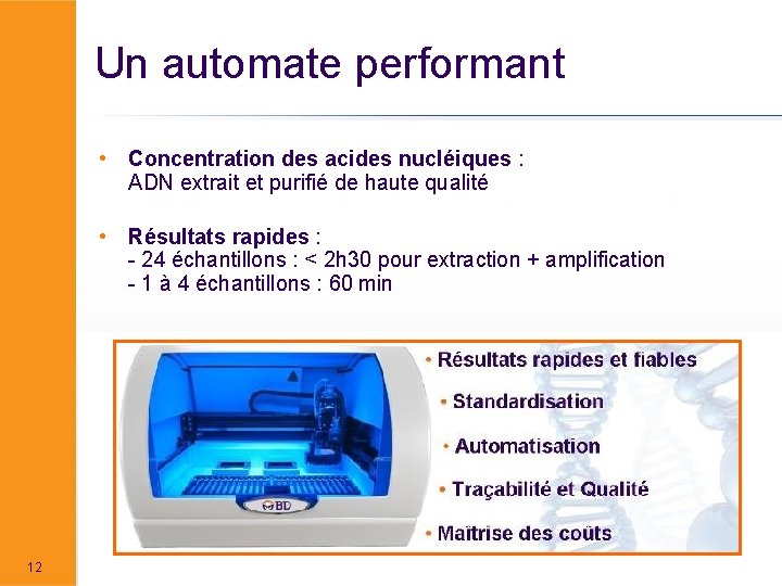 Un automate performant • Concentration des acides nucléiques : ADN extrait et purifié de