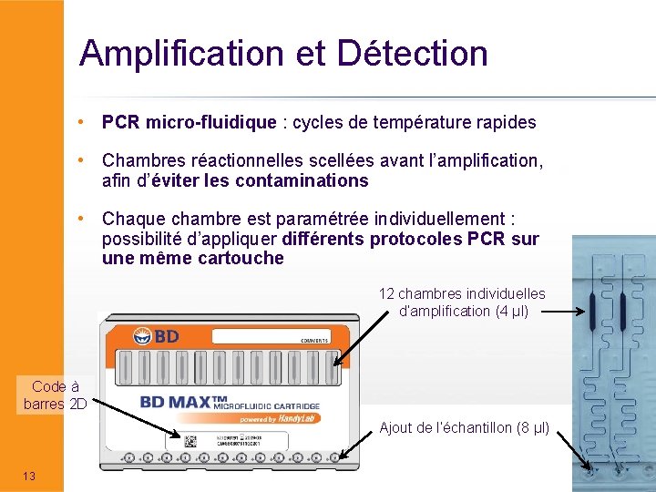 Amplification et Détection • PCR micro-fluidique : cycles de température rapides • Chambres réactionnelles