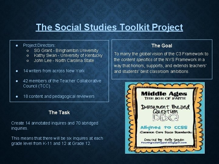 The Social Studies Toolkit Project ● Project Directors: ○ SG Grant - Binghamton University