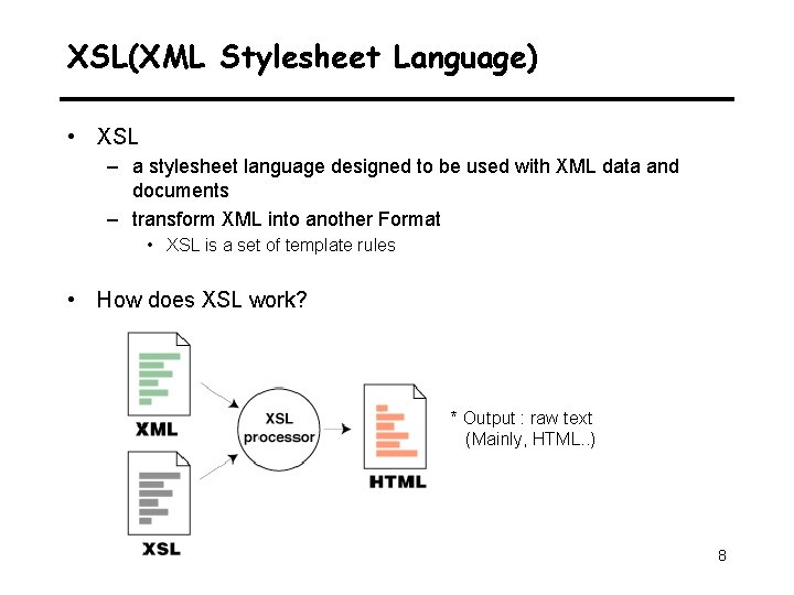 XSL(XML Stylesheet Language) • XSL – a stylesheet language designed to be used with