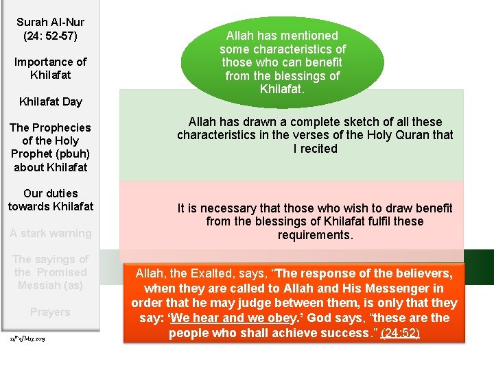 Surah Al-Nur (24: 52 -57) Importance of Khilafat Day The Prophecies of the Holy