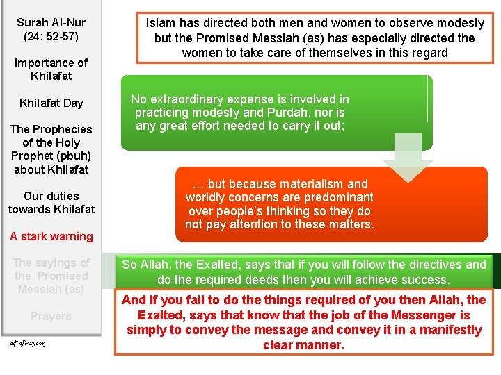 Surah Al-Nur (24: 52 -57) Importance of Khilafat Day The Prophecies of the Holy