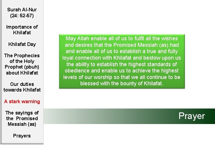 Surah Al-Nur (24: 52 -57) Importance of Khilafat Day The Prophecies of the Holy