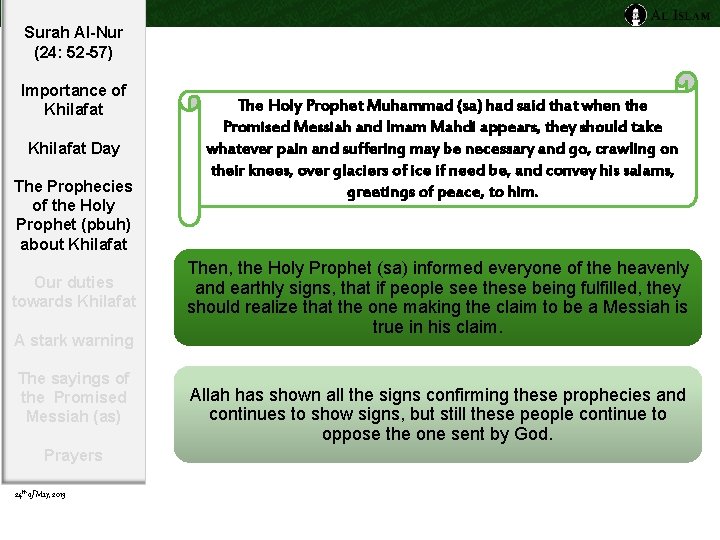 Surah Al-Nur (24: 52 -57) Importance of Khilafat Day The Prophecies of the Holy