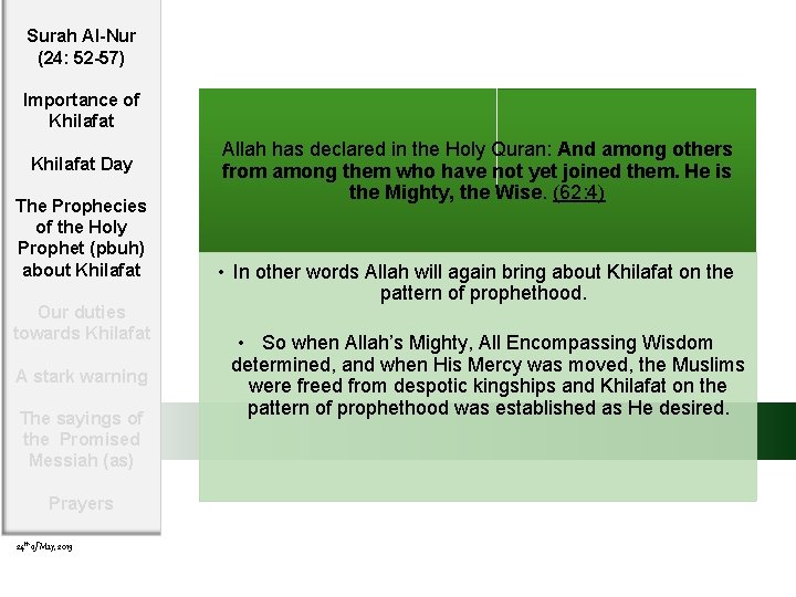 Surah Al-Nur (24: 52 -57) Importance of Khilafat Day The Prophecies of the Holy