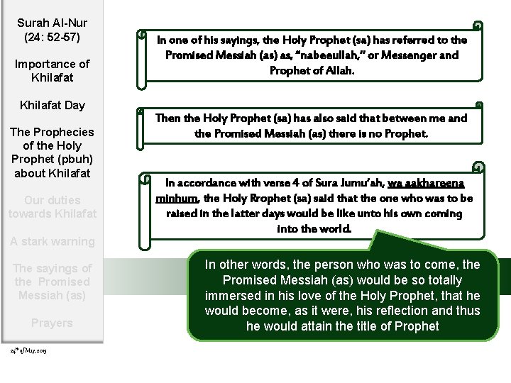 Surah Al-Nur (24: 52 -57) Importance of Khilafat In one of his sayings, the