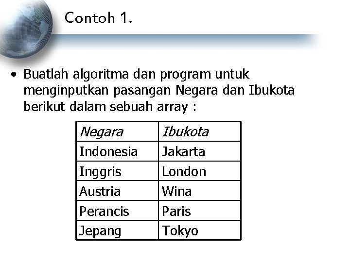 Contoh 1. • Buatlah algoritma dan program untuk menginputkan pasangan Negara dan Ibukota berikut