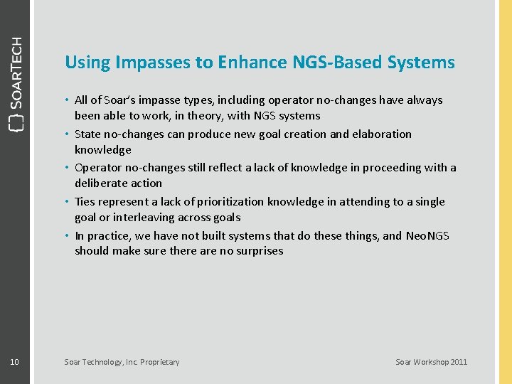 Using Impasses to Enhance NGS-Based Systems • All of Soar’s impasse types, including operator