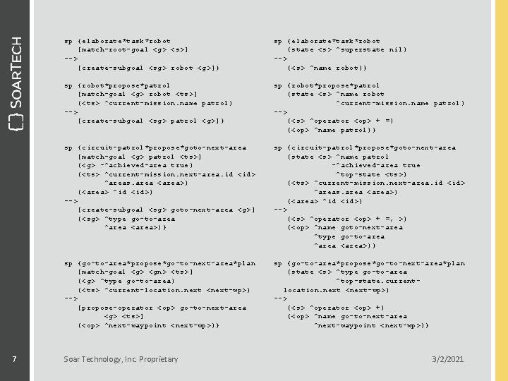 7 sp {elaborate*task*robot [match-root-goal <g> <s>] --> [create-subgoal <sg> robot <g>]} sp {elaborate*task*robot (state