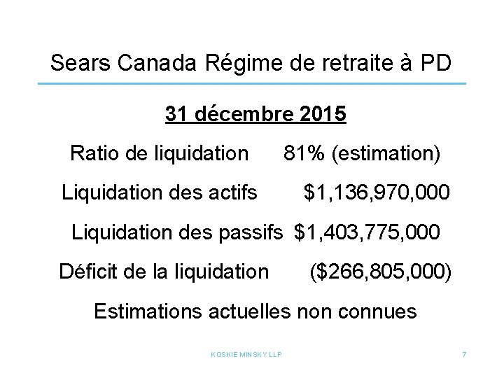 Sears Canada Régime de retraite à PD 31 décembre 2015 Ratio de liquidation 81%