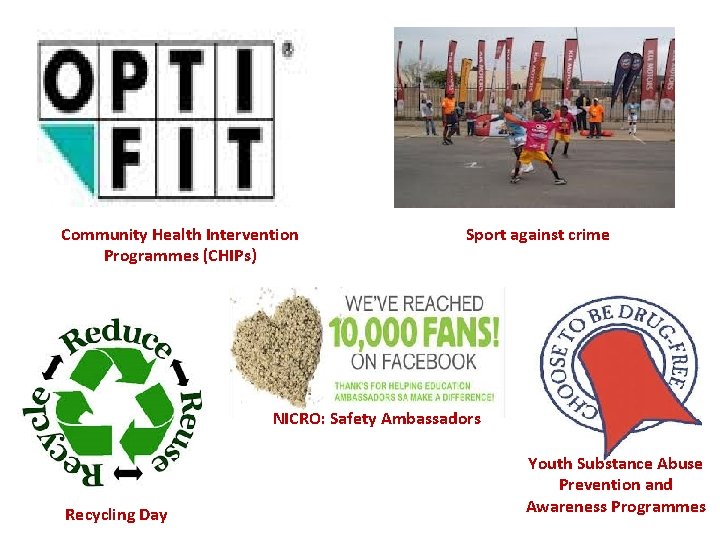 Community Health Intervention Programmes (CHIPs) Sport against crime NICRO: Safety Ambassadors Recycling Day Youth