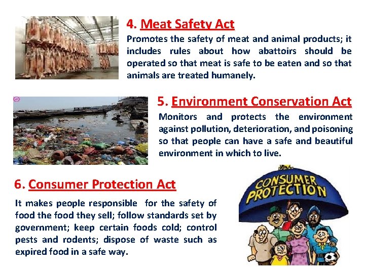 4. Meat Safety Act Promotes the safety of meat and animal products; it includes