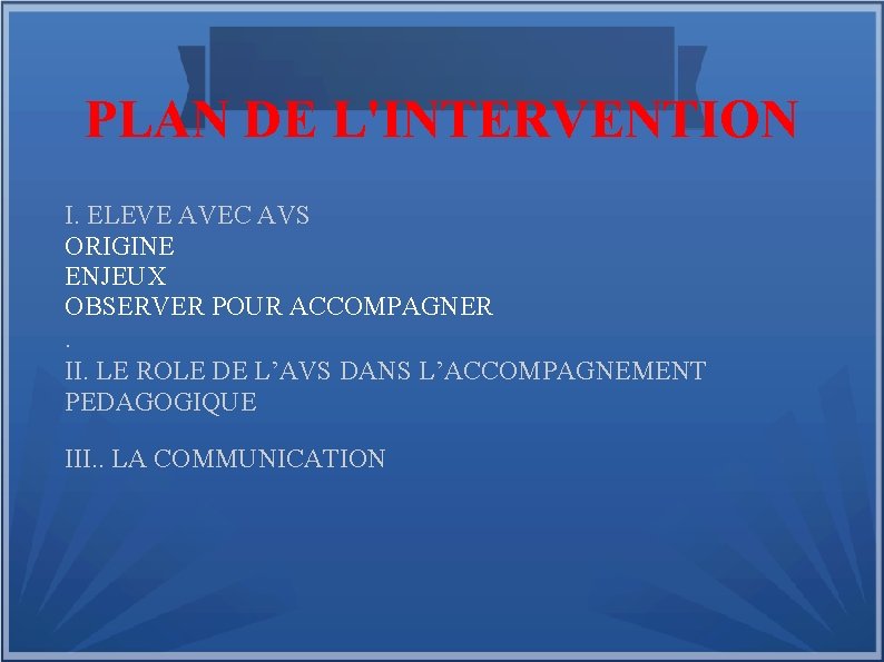 PLAN DE L'INTERVENTION I. ELEVE AVEC AVS ORIGINE ENJEUX OBSERVER POUR ACCOMPAGNER. II. LE