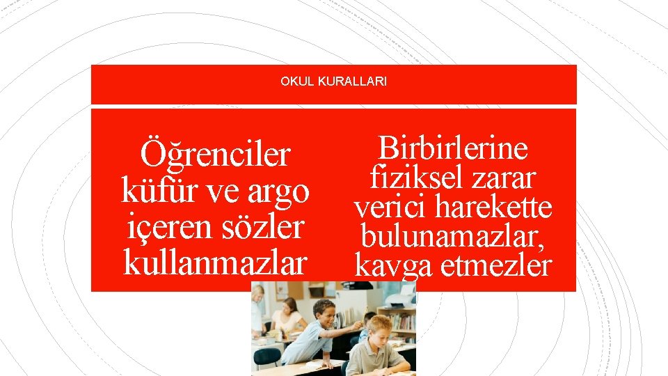 OKUL KURALLARI Öğrenciler küfür ve argo içeren sözler kullanmazlar Birbirlerine fiziksel zarar verici harekette