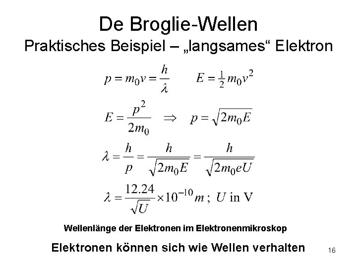 De Broglie-Wellen Praktisches Beispiel – „langsames“ Elektron Wellenlänge der Elektronen im Elektronenmikroskop Elektronen können