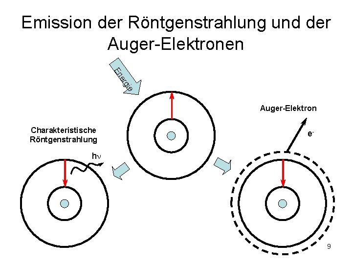 Emission der Röntgenstrahlung und der Auger-Elektronen En er gie Auger-Elektron Charakteristische Röntgenstrahlung e- h