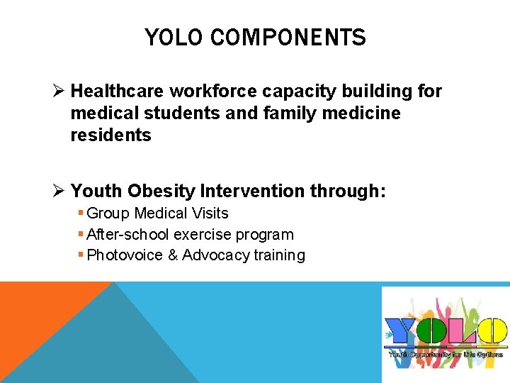 YOLO COMPONENTS Ø Healthcare workforce capacity building for medical students and family medicine residents