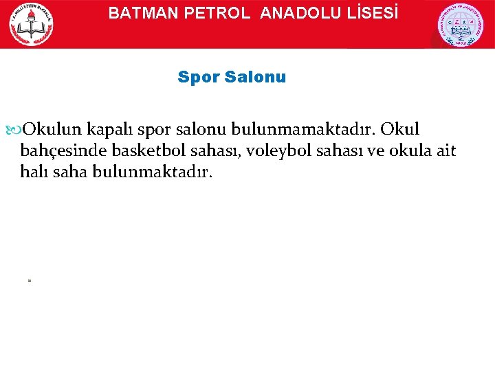 BATMAN PETROL ANADOLU LİSESİ Spor Salonu Okulun kapalı spor salonu bulunmamaktadır. Okul bahçesinde basketbol