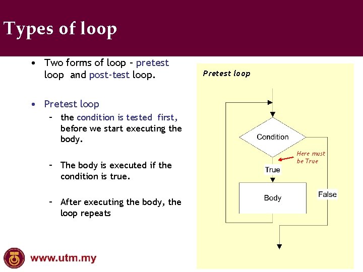 Types of loop • Two forms of loop – pretest loop and post-test loop.