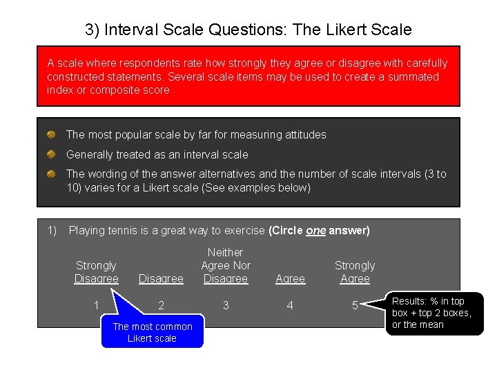 3) Interval Scale Questions: The Likert Scale A scale where respondents rate how strongly