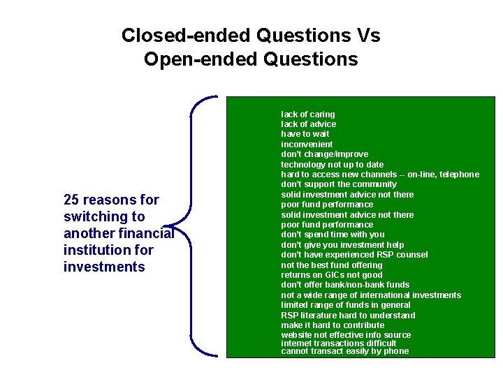 Closed-ended Questions Vs Open-ended Questions 25 reasons for switching to another financial institution for