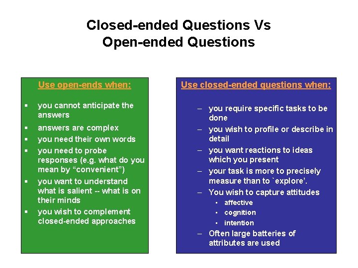 Closed-ended Questions Vs Open-ended Questions Use open-ends when: § you cannot anticipate the answers