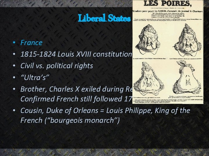 Liberal States France 1815 -1824 Louis XVIII constitutional monarchy Civil vs. political rights “Ultra’s”
