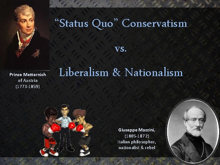 Prince Metternich of Austria (1773 -1859) “Status Quo” Conservatism vs. Liberalism & Nationalism Giuseppe