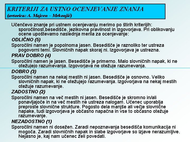 KRITERIJI ZA USTNO OCENJEVANJE ZNANJA (avtorica: A. Majcen – Mrkonjič) Učenčevo znanje pri ustnem