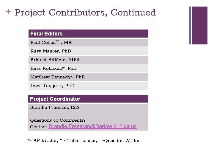 + Project Contributors, Continued Final Editors Paul Cohen*^+, MA Russ Maurer, Ph. D Bridget