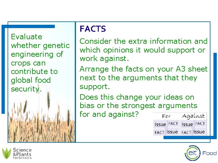 Evaluate whether genetic engineering of crops can contribute to global food security. FACTS Consider