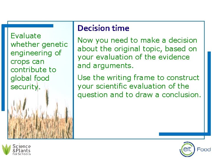 Evaluate whether genetic engineering of crops can contribute to global food security. Decision time