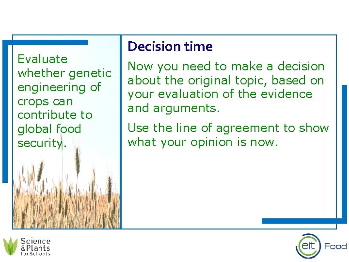 Evaluate whether genetic engineering of crops can contribute to global food security. Decision time