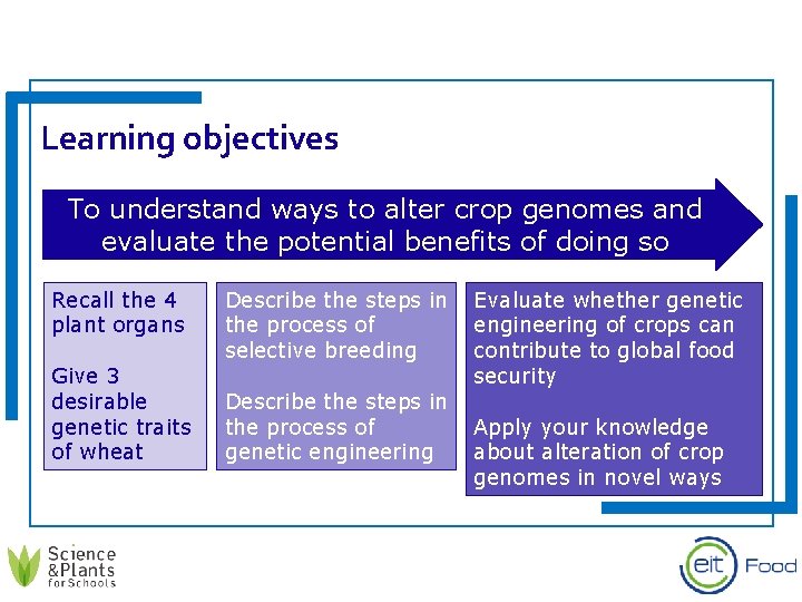 Learning objectives To understand ways to alter crop genomes and evaluate the potential benefits