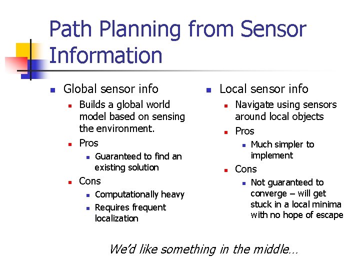 Path Planning from Sensor Information n Global sensor info n n Builds a global