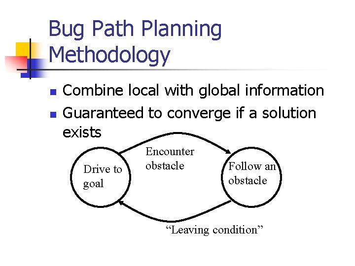 Bug Path Planning Methodology n n Combine local with global information Guaranteed to converge