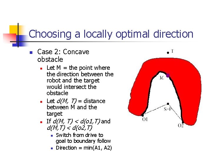 Choosing a locally optimal direction n Case 2: Concave obstacle n n n Let