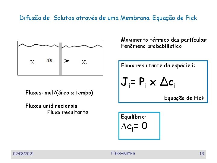 Difusão de Solutos através de uma Membrana. Equação de Fick Movimento térmico das partículas: