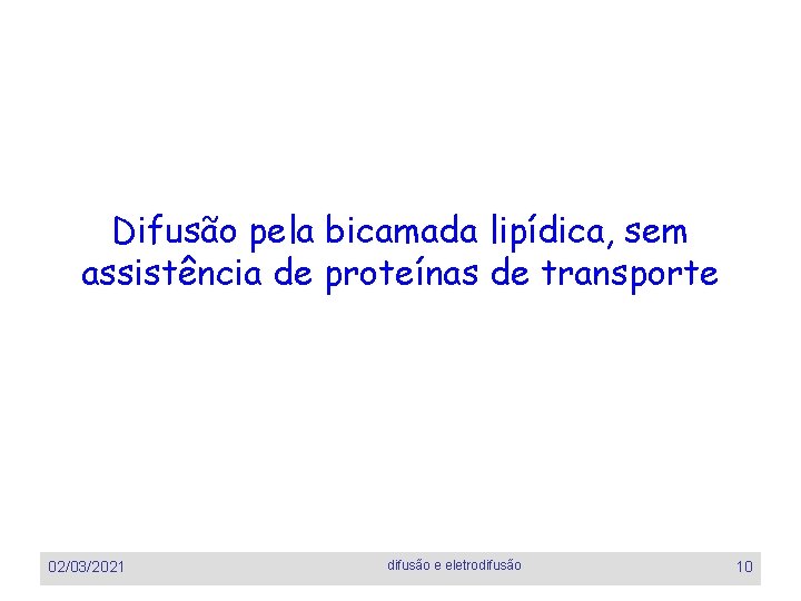Difusão pela bicamada lipídica, sem assistência de proteínas de transporte 02/03/2021 difusão e eletrodifusão