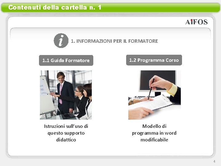 Contenuti della cartella n. 1 1. INFORMAZIONI PER IL FORMATORE 1. 1 Guida Formatore