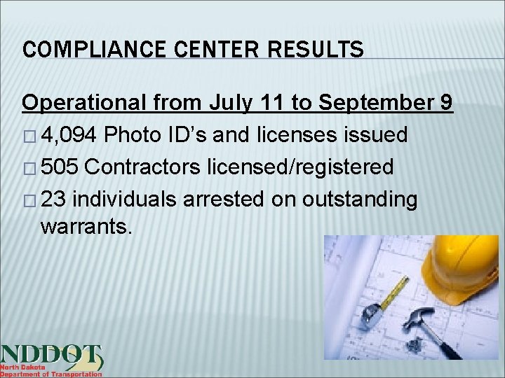 COMPLIANCE CENTER RESULTS Operational from July 11 to September 9 � 4, 094 Photo
