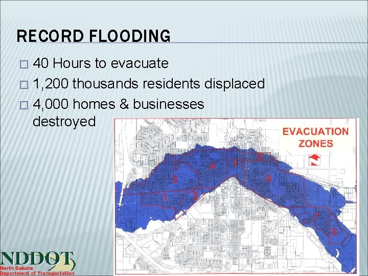 RECORD FLOODING 40 Hours to evacuate � 1, 200 thousands residents displaced � 4,