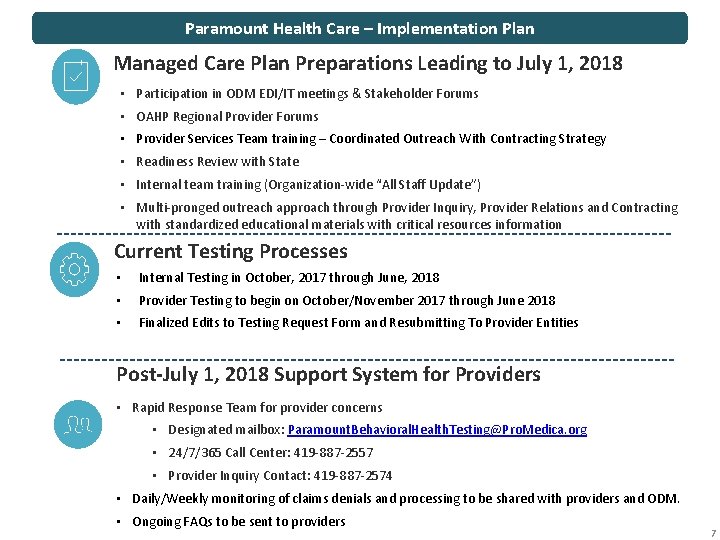 Paramount Health Care – Implementation Plan Managed Care Plan Preparations Leading to July 1,